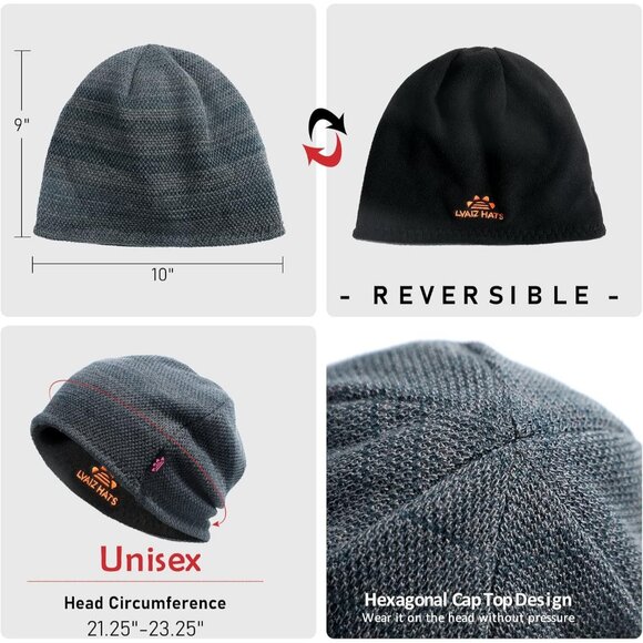 Men Mixed Black Lvaiz Fleece Lined Beanie Hat Windproof Winter Unisex - Picture 5 of 6